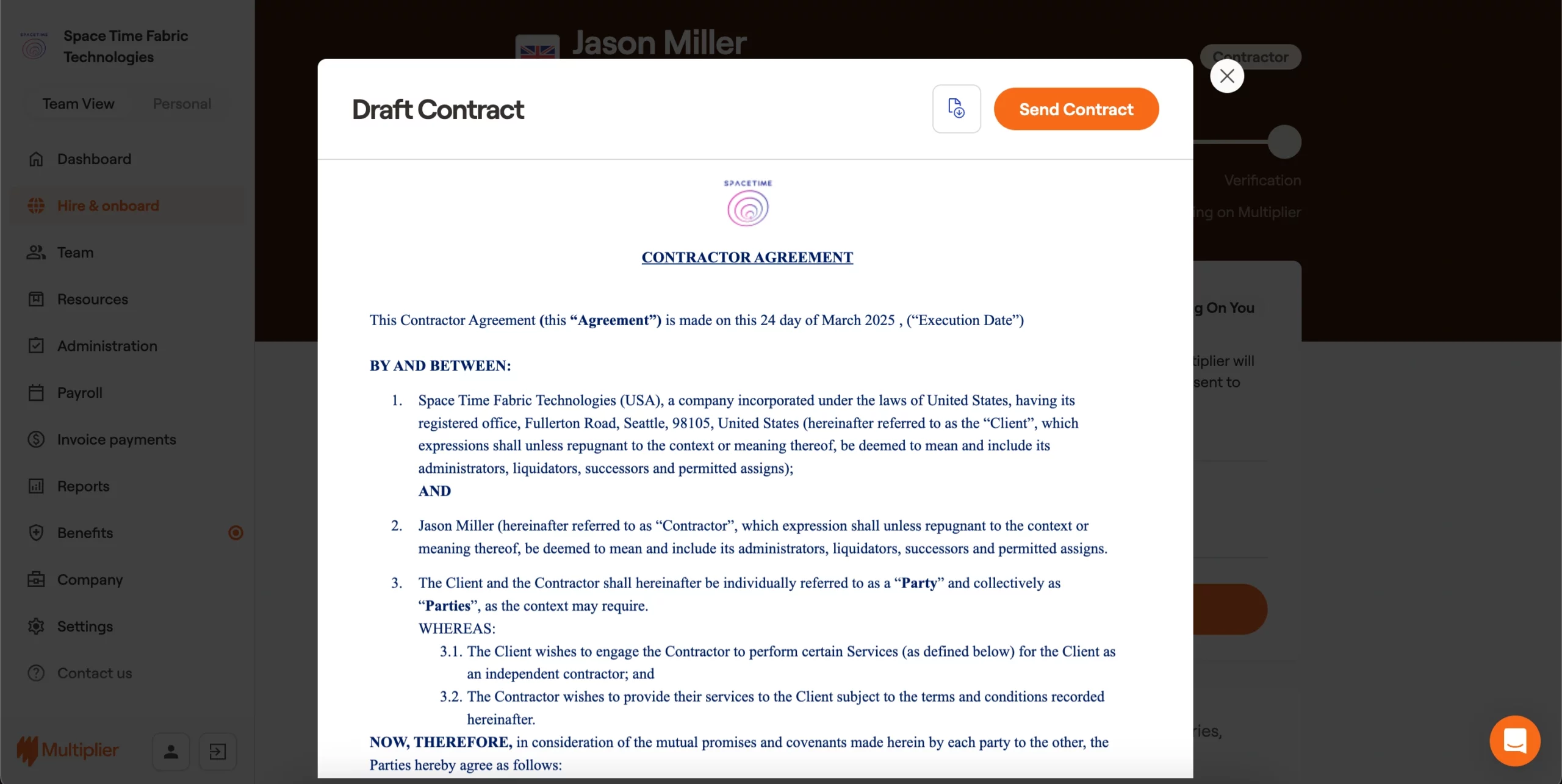 Contract sent to the contractor for onboarding in the United Kingdom (UK).